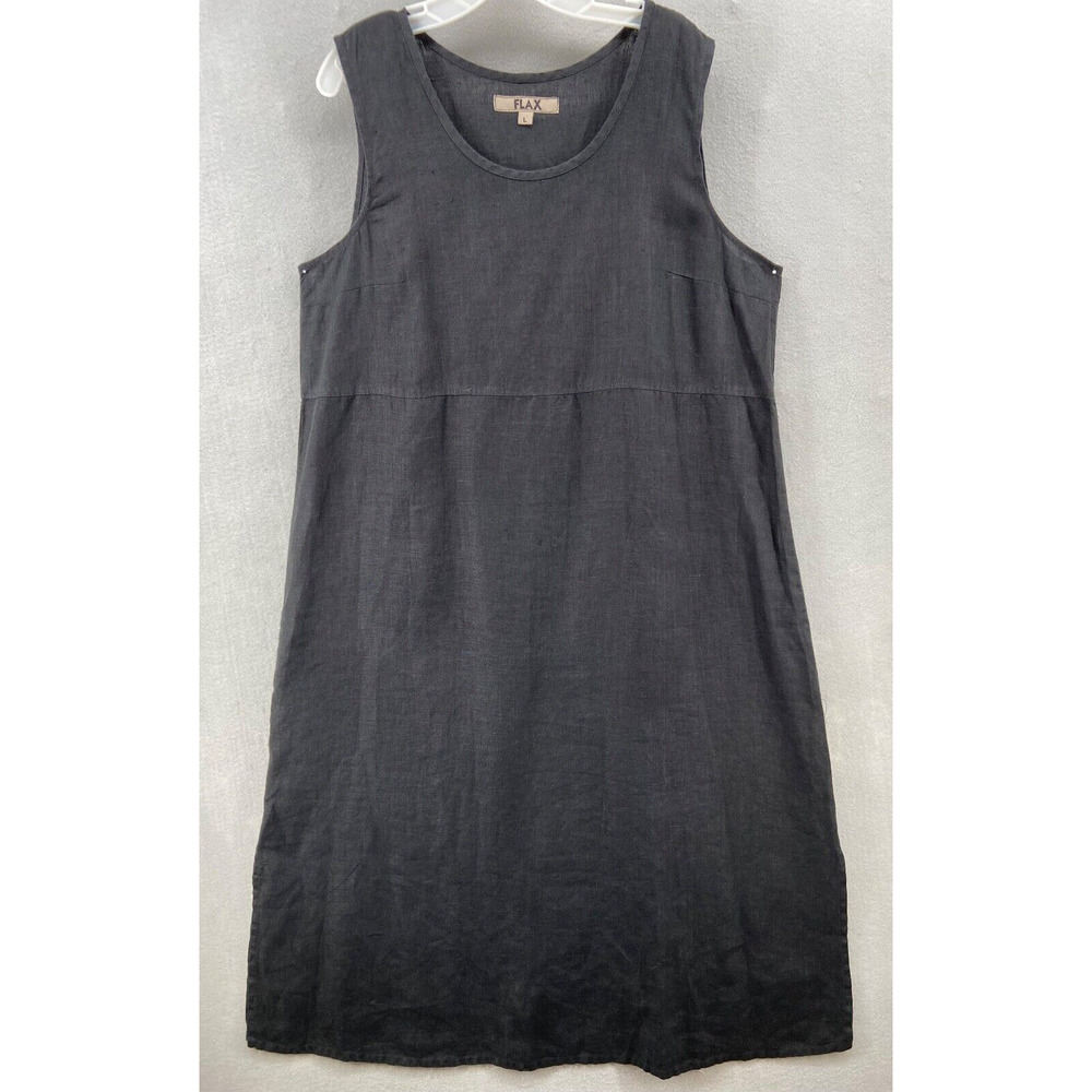 FLAX Dress Womens Large 100% Linen Pockets Sleeveless Midi Black Side Slits
